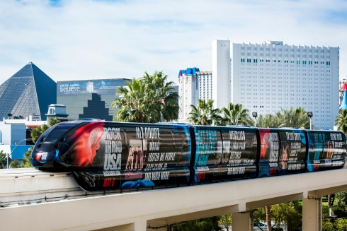 The monorail moves north from the MGM station with Luxor and Tropicana in the background. Courtesy Las Vegas Monorail Co.